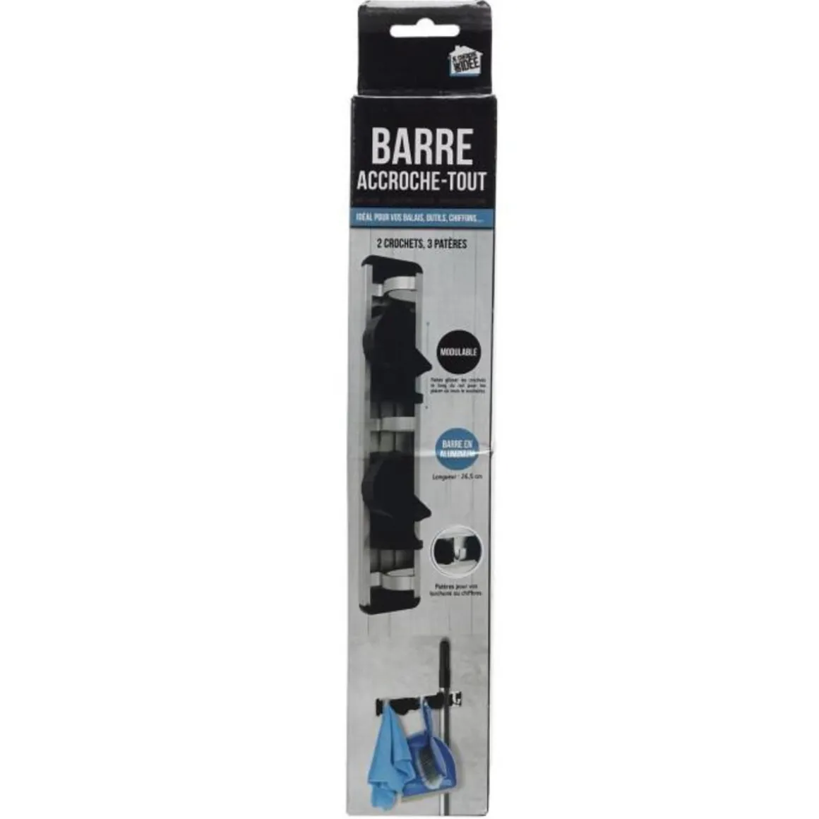 Barre 2 Crochets & 3 Patères Accroche 26cm Gris