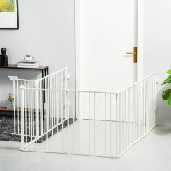 Barrière de sécurité - parc enclos chien modulable pliable - porte verrouillable - 8 panneaux acier et PP - dim. 482,5L max. x 76H cm blanc