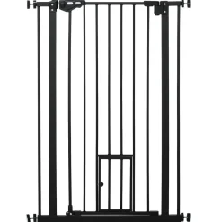 Barrière de sécurité animaux - longueur réglable dim. 74-80 cm - porte double verrouillage, ouverture double sens, petite porte -sans perçage - acier plastique noir