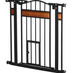 Barrière de sécurité animaux - longueur réglable dim. 74-80 cm - 2 portes verrouillables, ouverture double sens - sans perçage - acier noir pin