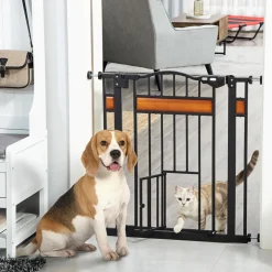 Barrière de sécurité animaux - longueur réglable dim. 74-80 cm - 2 portes verrouillables, ouverture double sens - sans perçage - acier noir pin