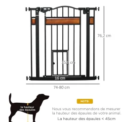 Barrière de sécurité animaux - longueur réglable dim. 74-80 cm - 2 portes verrouillables, ouverture double sens - sans perçage - acier noir pin