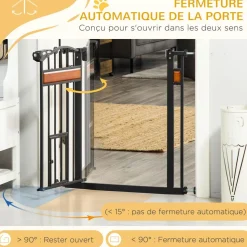 Barrière de sécurité animaux - longueur réglable dim. 74-80 cm - 2 portes verrouillables, ouverture double sens - sans perçage - acier noir pin