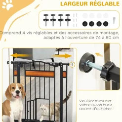 Barrière de sécurité animaux - longueur réglable dim. 74-80 cm - 2 portes verrouillables, ouverture double sens - sans perçage - acier noir pin