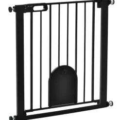 Barrière de sécurité animaux de 76H cm barrière chien chat avec porte fermeture automatique système de double verrouillage fixation par pressionde de 75 à 82 cm acier et ABS noir