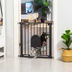 Barrière de sécurité animaux de 76H cm barrière chien chat avec porte fermeture automatique système de double verrouillage fixation par pressionde de 75 à 82 cm acier et ABS noir