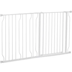 Barrière de sécurité animaux - longueur réglable dim. 75-145 cm - porte double verrouillage, ouverture double sens -sans perçage - acier ABS blanc