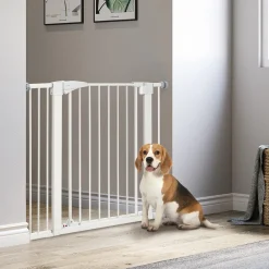 Barrière de sécurité animaux réglable 76-103L cm - porte 2 verrouillages, ouverture 2 sens - acier ABS blanc