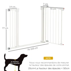 Barrière de sécurité animaux réglable 76-103L cm - porte 2 verrouillages, ouverture 2 sens - acier ABS blanc