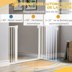 Barrière de sécurité animaux réglable 76-103L cm - porte 2 verrouillages, ouverture 2 sens - acier ABS blanc