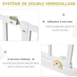 Barrière de sécurité barrière pour animal domestique longueur réglable barrière escaliers couloirs portes sans perçage en acier et ABS dim. 75-115L x 76H cm blanc
