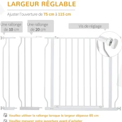 Barrière de sécurité barrière pour animal domestique longueur réglable barrière escaliers couloirs portes sans perçage en acier et ABS dim. 75-115L x 76H cm blanc