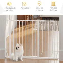 Barrière de sécurité barrière pour animal domestique longueur réglable barrière escaliers couloirs portes sans perçage en acier et ABS dim. 75-115L x 76H cm blanc