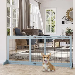 Barrière de sécurité chien barrière autoportante longueur réglable dim. 104-183L x 36l x 69H cm bois pin gris acier noir