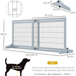 Barrière de sécurité chien barrière autoportante longueur réglable dim. 104-183L x 36l x 69H cm bois pin gris acier noir
