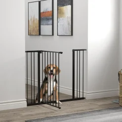 Barrière de sécurité longueur réglable dim. 76-107l x 76H cm sans perçage métal plastique noir