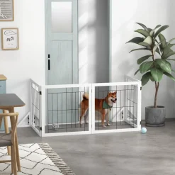 Barrière de sécurité pour animaux autoportante - barrière modulable pliable 4 panneaux - 2 pieds support - acier noir bois blanc