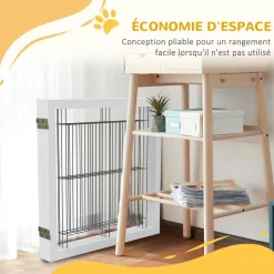 Barrière de sécurité pour animaux autoportante - barrière modulable pliable 4 panneaux - 2 pieds support - acier noir bois blanc