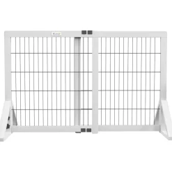 Barrière de sécurité pour chien, barrière de protection à 2 panneaux largeur réglable 63-106L x 44l x 67H cm, barrière pour escalier, porte, couloirs, en bois de pin et acier, blanc