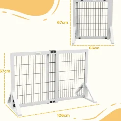 Barrière de sécurité pour chien, barrière de protection à 2 panneaux largeur réglable 63-106L x 44l x 67H cm, barrière pour escalier, porte, couloirs, en bois de pin et acier, blanc