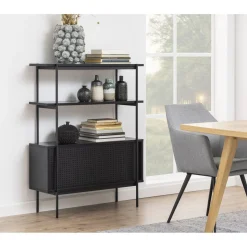 Bibliothèque en MDF et métal avec 2 étagères et 2 portes coulissantes - Noir