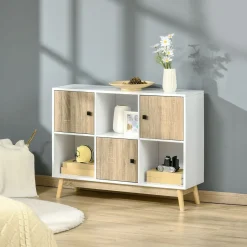 Bibliothèque meuble de rangement design scandinave 3 niches 3 portes panneaux particules blanc aspect chêne clair
