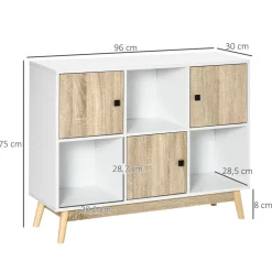 Bibliothèque meuble de rangement design scandinave 3 niches 3 portes panneaux particules blanc aspect chêne clair