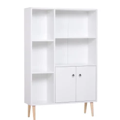 Bibliothèque scandinave dim. 80L x 23,5l x 123H cm 5 niches placard 2 portes pieds effilés inclinés bois massif panneaux particules blanc