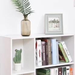 Bibliothèque scandinave dim. 80L x 23,5l x 123H cm 5 niches placard 2 portes pieds effilés inclinés bois massif panneaux particules blanc