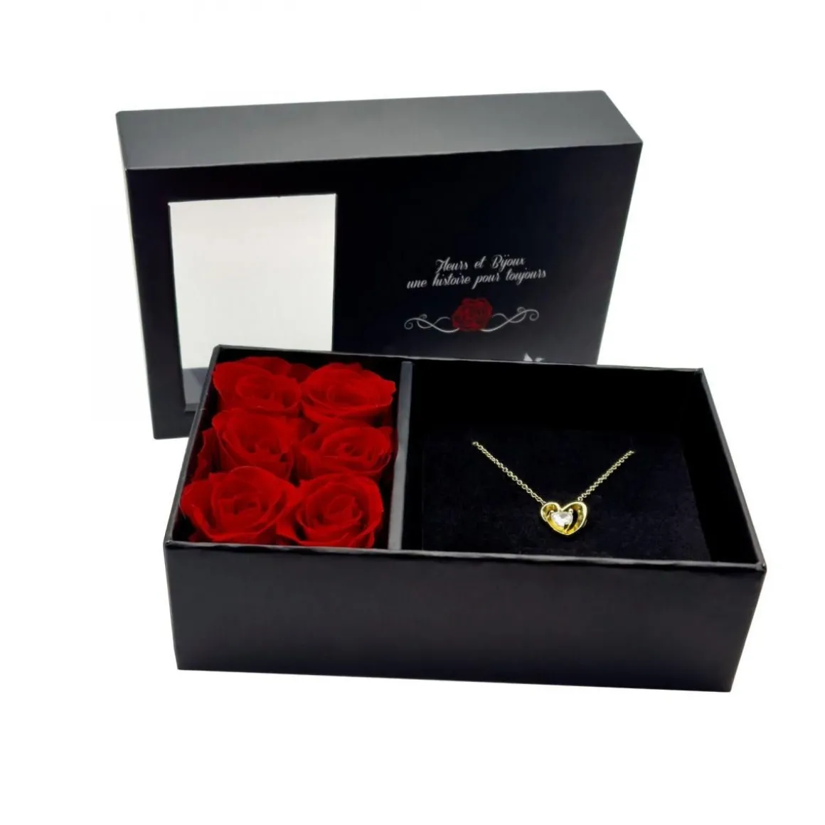 Boite à bijou décorée de 6 roses éternelles rouges et son collier doré