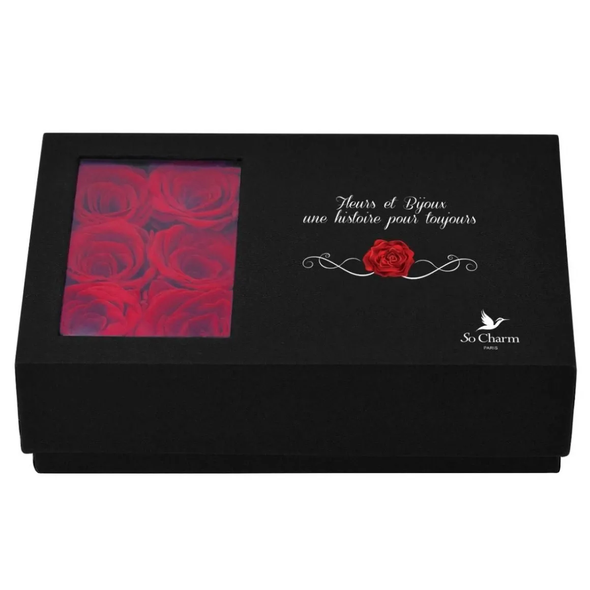 Boite à bijou décorée de 6 roses éternelles rouges et son collier doré