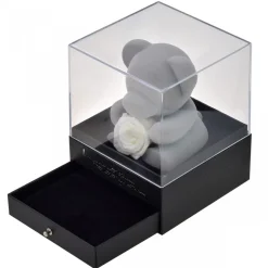 Boite à bijoux ourson décorée d'une rose éternelle - stabilisée banche