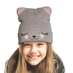 Bonnet Enfant Chat 21cm Gris & Rose