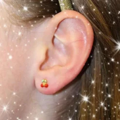 Boucles d'Oreilles Cerises Laquées - Or Jaune - Enfant