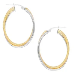 Boucles d'Oreilles Créoles 2 Ors Or Bicolore Jaune et Blanc