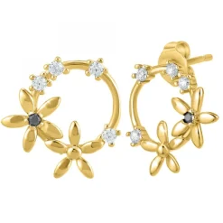 Boucles d'oreilles fleurs par SC Bohème ornées de deux véritables diamants noirs