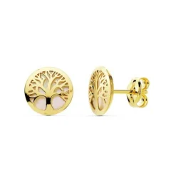 Boucles d'Oreilles Or 18 Carats 750/000 Jaune et Nacre - Arbre de Vie