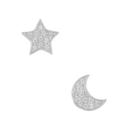 Boucles d'Oreilles Or Blanc Serties de Zirconiums - Etoile et Lune
