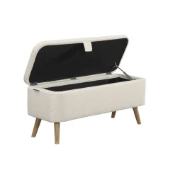 Bout de lit scandinave avec coffre en tissu laine bouclée et pieds bois ANTONIO