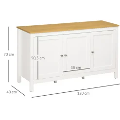 Buffet bas style classique chic - 3 portes, 2 étagères réglables - MDF panneaux blanc aspect bois clair