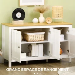 Buffet bas style classique chic - 3 portes, 2 étagères réglables - MDF panneaux blanc aspect bois clair