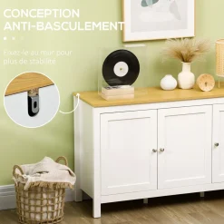 Buffet bas style classique chic - 3 portes, 2 étagères réglables - MDF panneaux blanc aspect bois clair