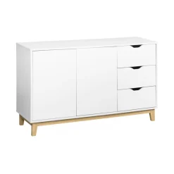 Buffet de rangement blanc. pieds bois - Floki - avec 3 tiroirs. buffet 2 portes. buffet bas. 120x40x75 cm