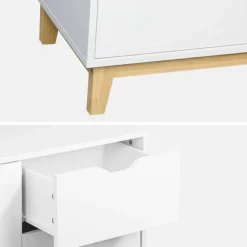 Buffet de rangement blanc. pieds bois - Floki - avec 3 tiroirs. buffet 2 portes. buffet bas. 120x40x75 cm
