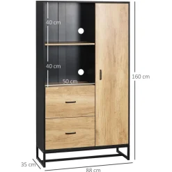 Buffet haut multi-rangement une porte 3 étagères 2 tiroirs 2 niches piètement acier noir aspect chêne clair