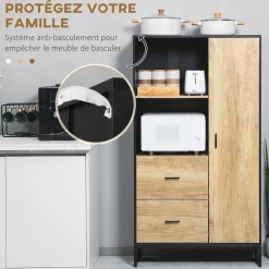 Buffet haut multi-rangement une porte 3 étagères 2 tiroirs 2 niches piètement acier noir aspect chêne clair