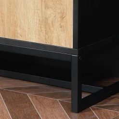 Buffet haut multi-rangement une porte 3 étagères 2 tiroirs 2 niches piètement acier noir aspect chêne clair