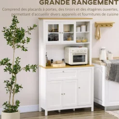 Buffet haut style classique chic - multi-rangement placards, niches, tiroir - panneaux blanc aspect bois clair