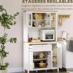 Buffet haut style classique chic - multi-rangement placards, niches, tiroir - panneaux blanc aspect bois clair