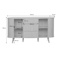 Buffet scandinave ovale 2 portes coulissantes. 4 compartiments. 3 tiroirs. effet bois rainuré. teinte naturelle. L 150 x P 40 x H 79cm